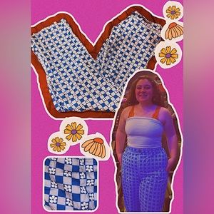 Funky high waisted checkerboard flower blue and white wide leg pants